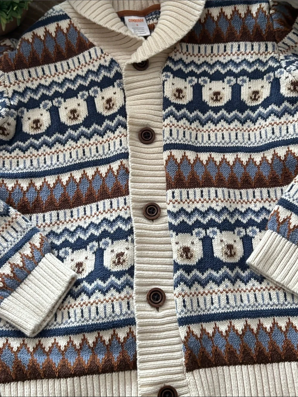 Gymboree Cozy Cream & Blue Fair Isle Teddy Bear Button Cardigan